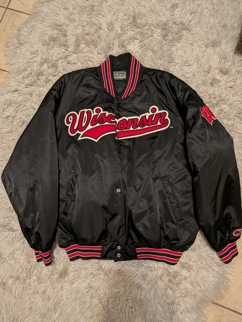 Vintage Mens Wisconsin Satin Varsity Jacket - Black/Red Size XXL